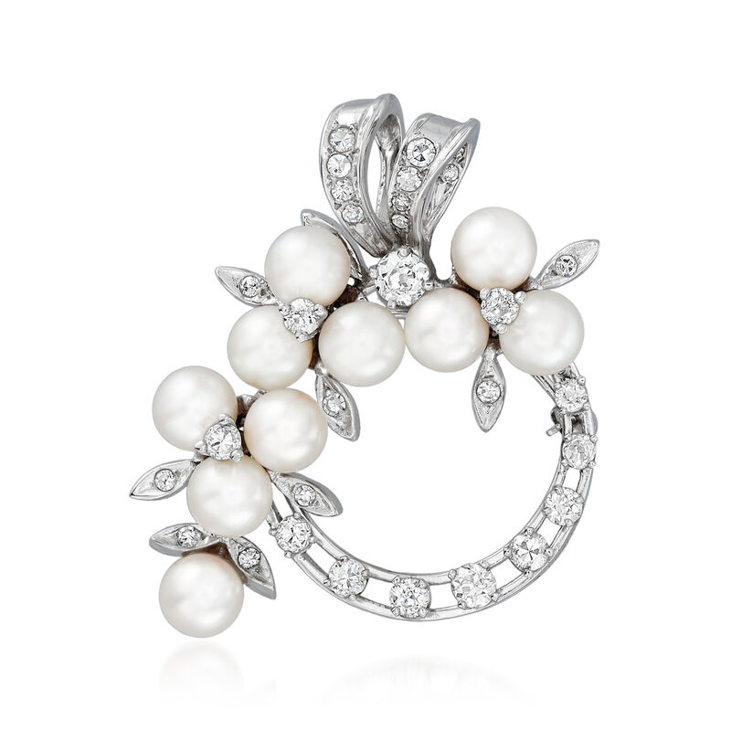 C. 1970 Vintage 5-5.5mm Cultured Pearl and 1.30 ct. t.w. Diamond Circle Pin in 14kt White Gold image number 0