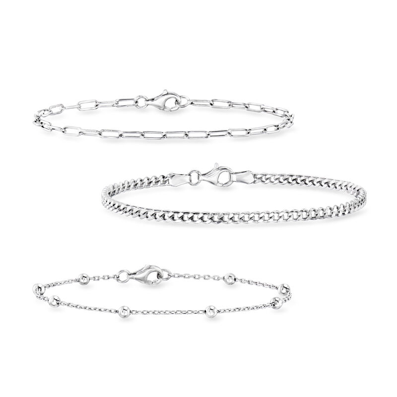Sterling Silver Jewelry Set: Curb-Link, Paper Clip Link and Bead-Chain Bracelets image number 0