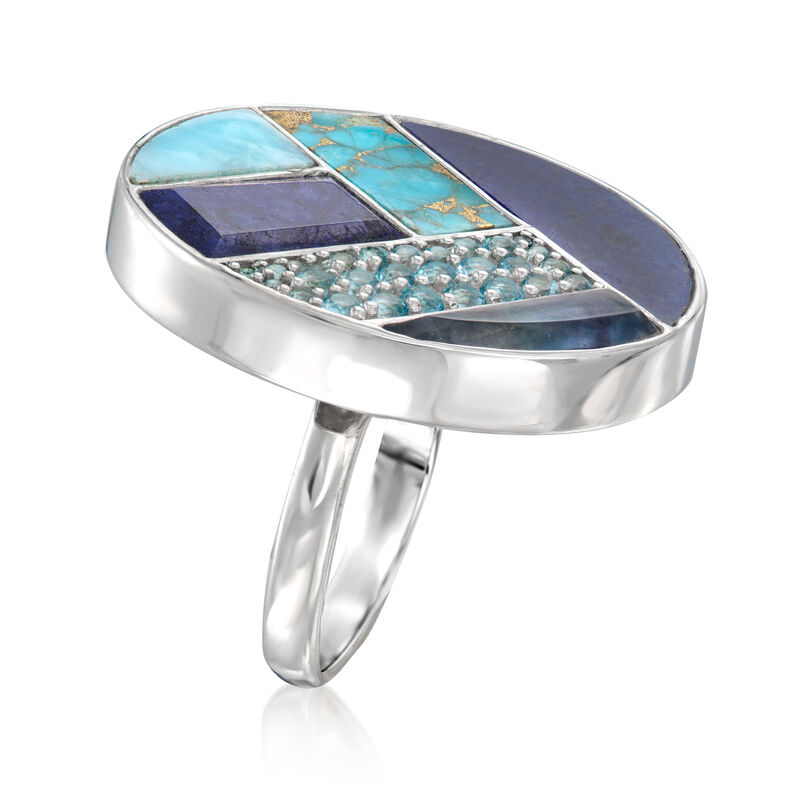 Tonal Blue Multi-Gemstone Inlay Ring with 3.80 Carat Sapphire and .80 ct. t.w. Swiss Blue Topaz in Sterling Silver image number 2