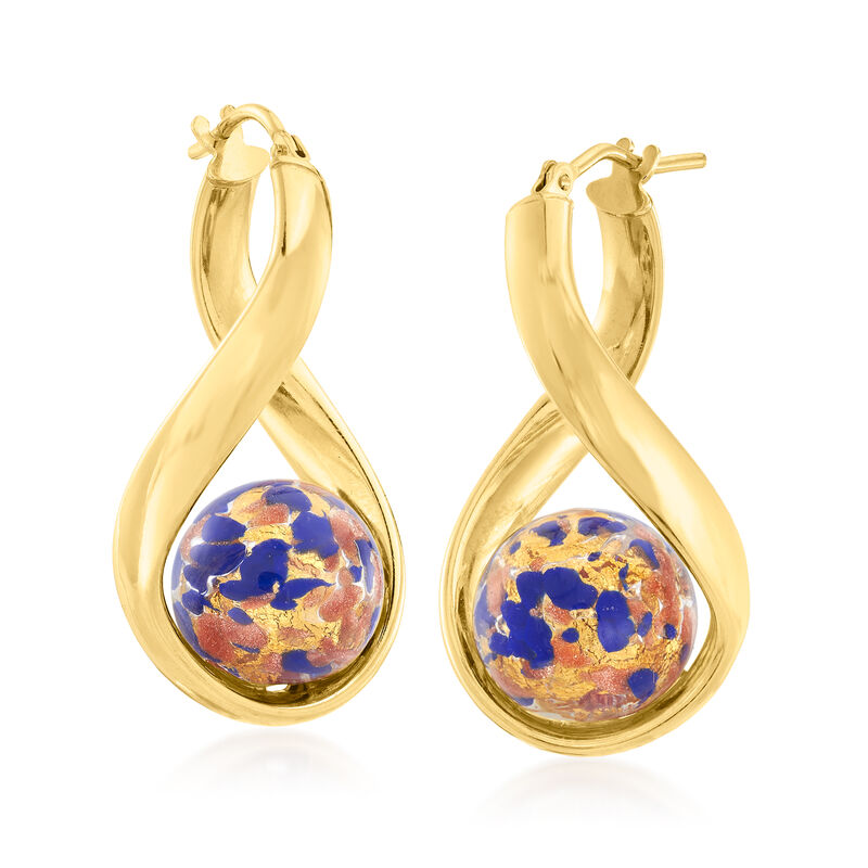 Italian Blue Murano Glass Bead Twisted Hoop Earrings in 18kt Gold Over Sterling. 1 1/4&quot; image number 2