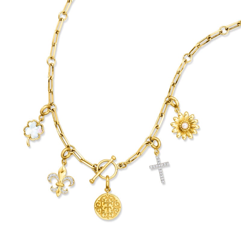 18kt Gold Over Sterling "T and T Twin Talk" Multi-Charm Paper Clip Link Toggle Necklace image number 2