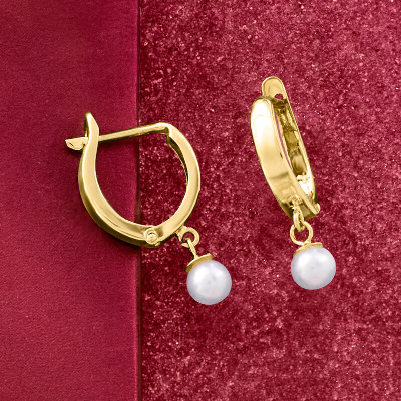 4-4.5mm Cultured Pearl Huggie Hoop Earrings in 14kt Yellow Gold. 3/4" image number 2