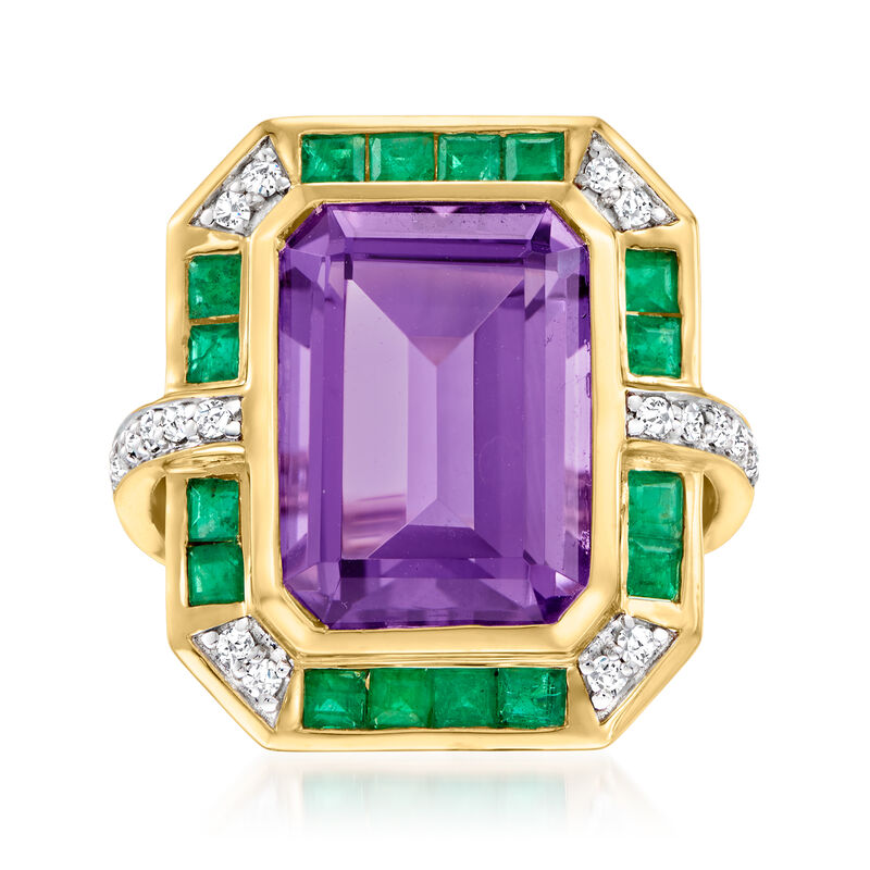 7.00 Carat Amethyst, .80 ct. t.w. Emerald and .20 ct. t.w. Diamond Ring in 14kt Yellow Gold image number 0