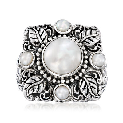3-10mm Cultured Pearl Bali-Style Floral Ring in Sterling Silver