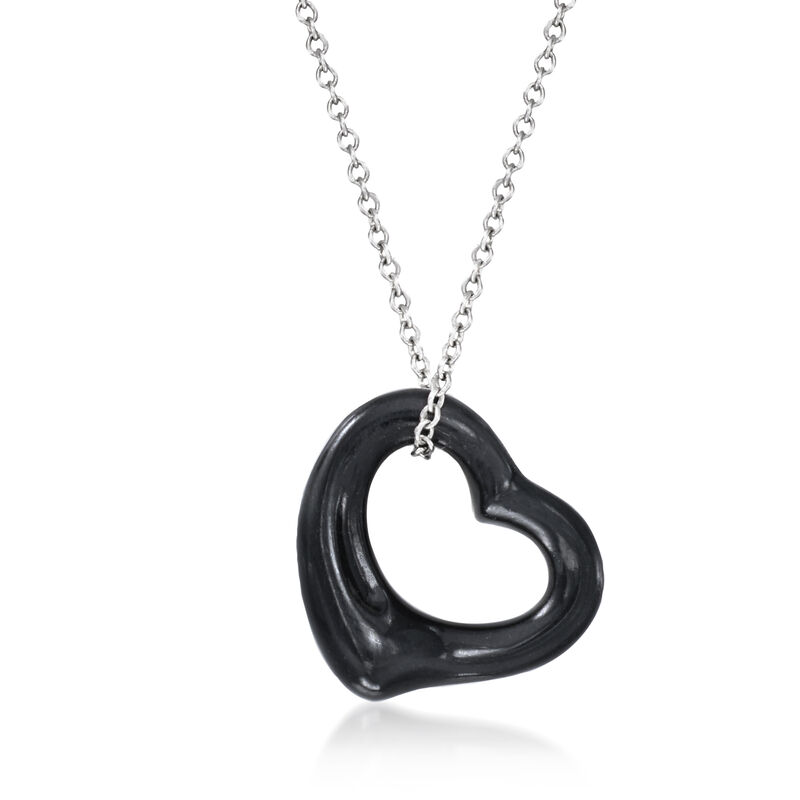 C. 1990 Vintage Tiffany Jewelry "Elsa Peretti" Black Enamel Heart Necklace in Sterling Silver. 16.5" image number 0