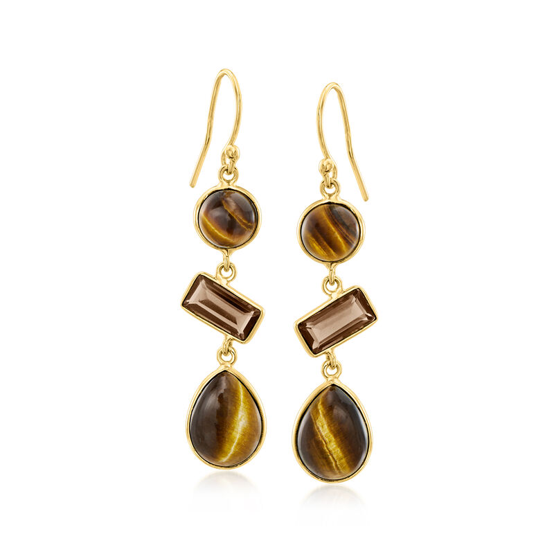 Tiger Eye and 2.70 ct. t.w. Smoky Quartz Drop Earrings in 18kt Gold Over Sterling image number 0