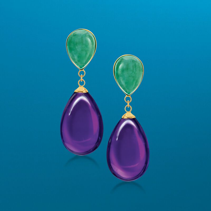Jade and 35.00 ct. t.w. Simulated Amethyst Teardrop Earrings in 14kt Yellow Gold  image number 2