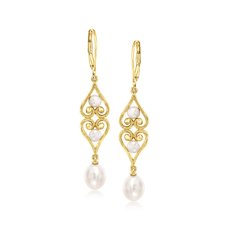 4-7.5mm Cultured Pearl Scrolled Heart Drop Earrings in 18kt Gold Over Sterling  image number 0