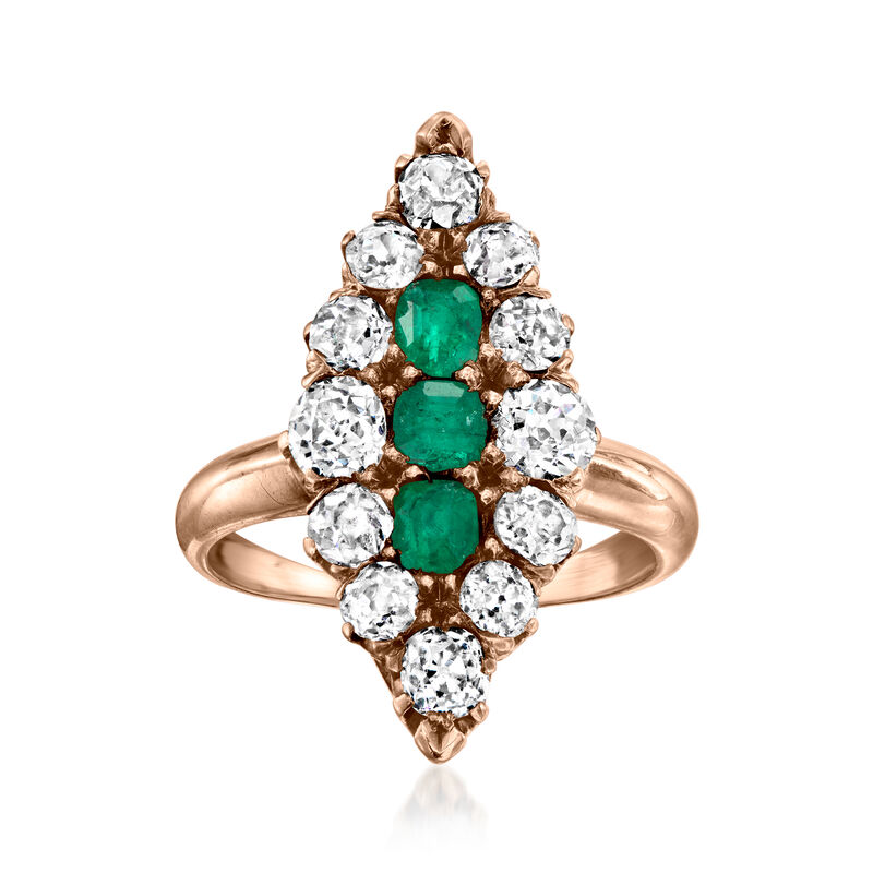 C. 1920 Vintage .45 ct. t.w. Emerald and 1.35 ct. t.w. Diamond Navette Ring in 12kt Rose Gold image number 0
