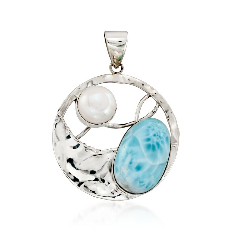 10mm Cultured Pearl and Larimar Hammered Openwork Pendant in Sterling Silver image number 0