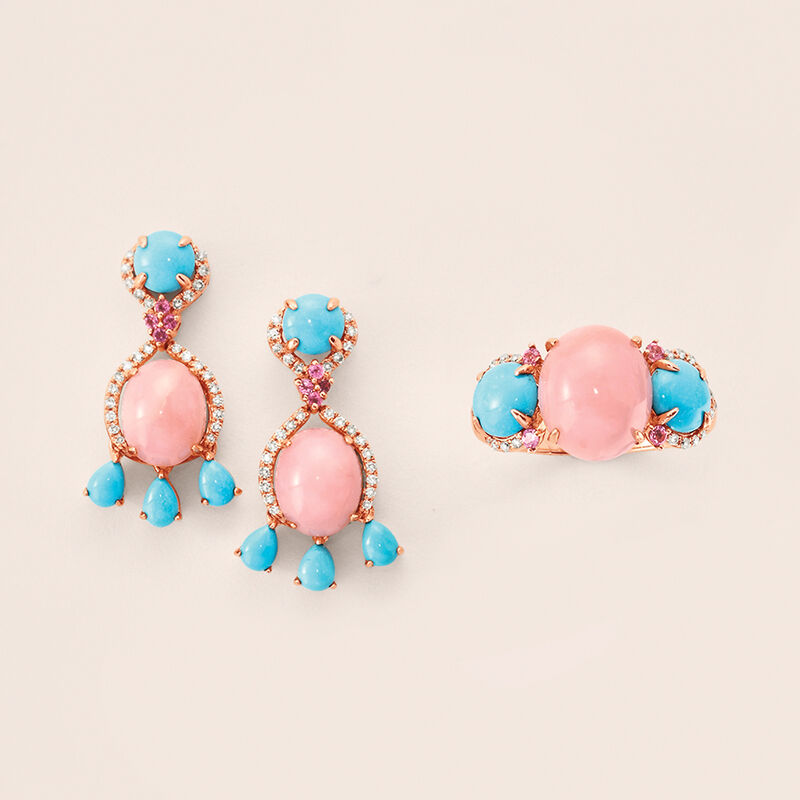 Pink Opal, Turquoise and .31 ct. t.w. Mixed Gemstone Drop Earrings in 14kt Rose Gold. image number 2