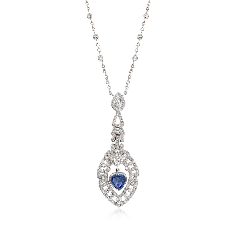 C. 2000 Vintage 1.25 Carat Sapphire Heart Necklace with 1.15 ct. t.w. Diamonds in 18kt White Gold. 18" image number 0