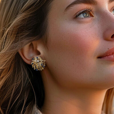 C. 1970 Vintage 1.80 ct. t.w. Sapphire and .16 ct. t.w. Diamond Burst Clip-On Earrings in 14kt Yellow Gold