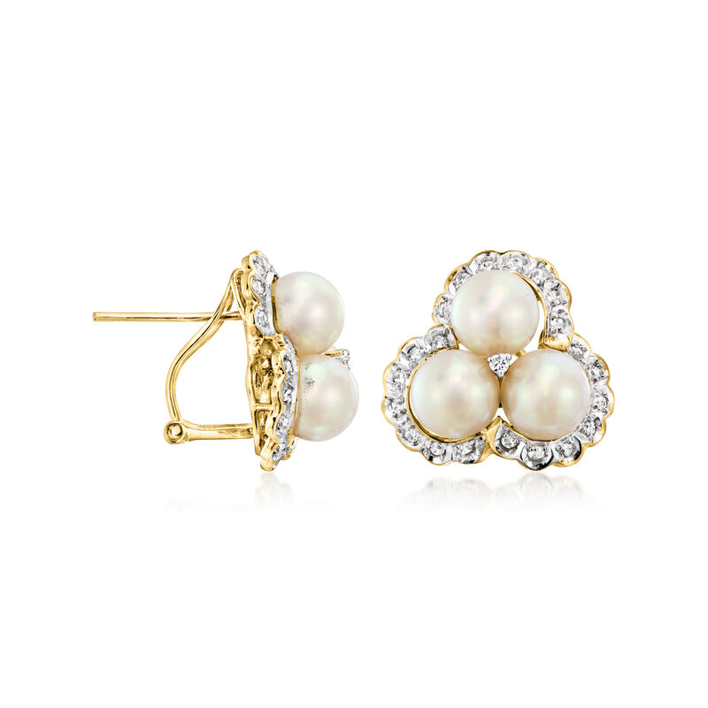 C. 1980 Vintage 6.5mm Cultured Pearl and .25 ct. t.w. Diamond Cluster Earrings in 14kt Yellow Gold  image number 2
