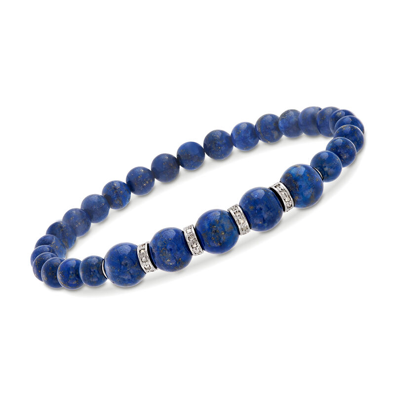 6-8mm Lapis Bead and .24 ct. t.w. Diamond Stretch Bracelet with Sterling Silver image number 0