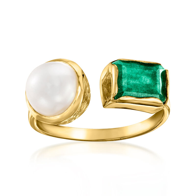 8-8.5mm Cultured Pearl and 1.90 Carat Emerald Toi et Moi Ring in 18kt Gold Over Sterling image number 0