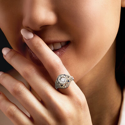 C. 1950 Vintage .35 Carat Diamond Filigree Ring with .20 ct. t.w. Synthetic Sapphires in 14kt White Gold
