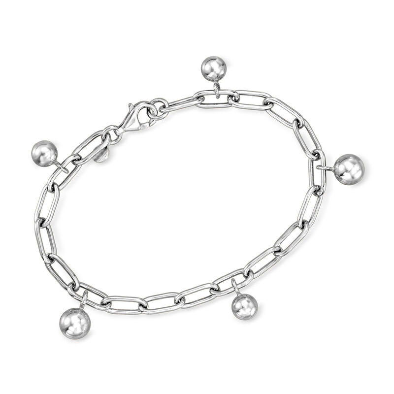 Italian Sterling Silver Bead Station Paper Clip Link Bracelet image number 0