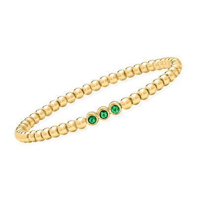 .20 ct. t.w. Lab-Grown Emerald and 4mm 18kt Gold Over Sterling Bead Stretch Bracelet