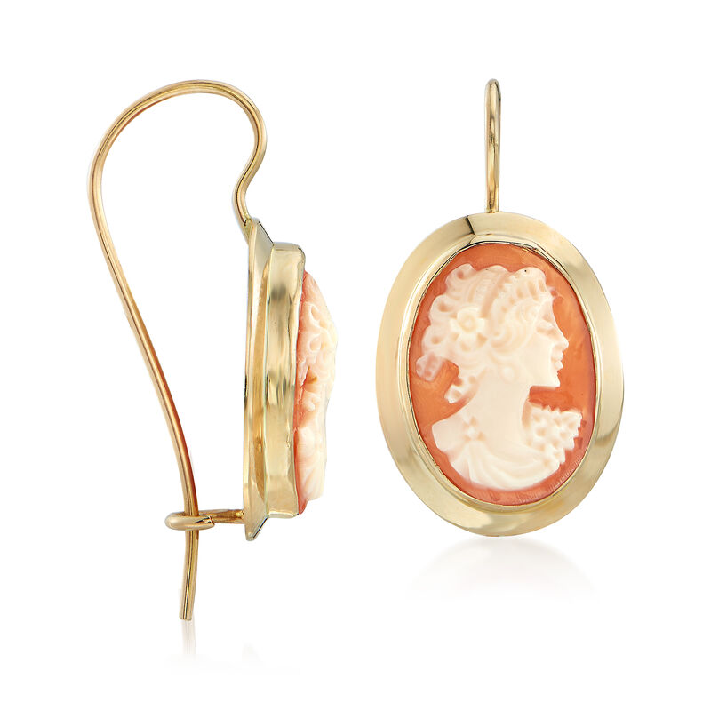 Italian Oval Shell Cameo Drop Earrings in 14kt Yellow Gold image number 2