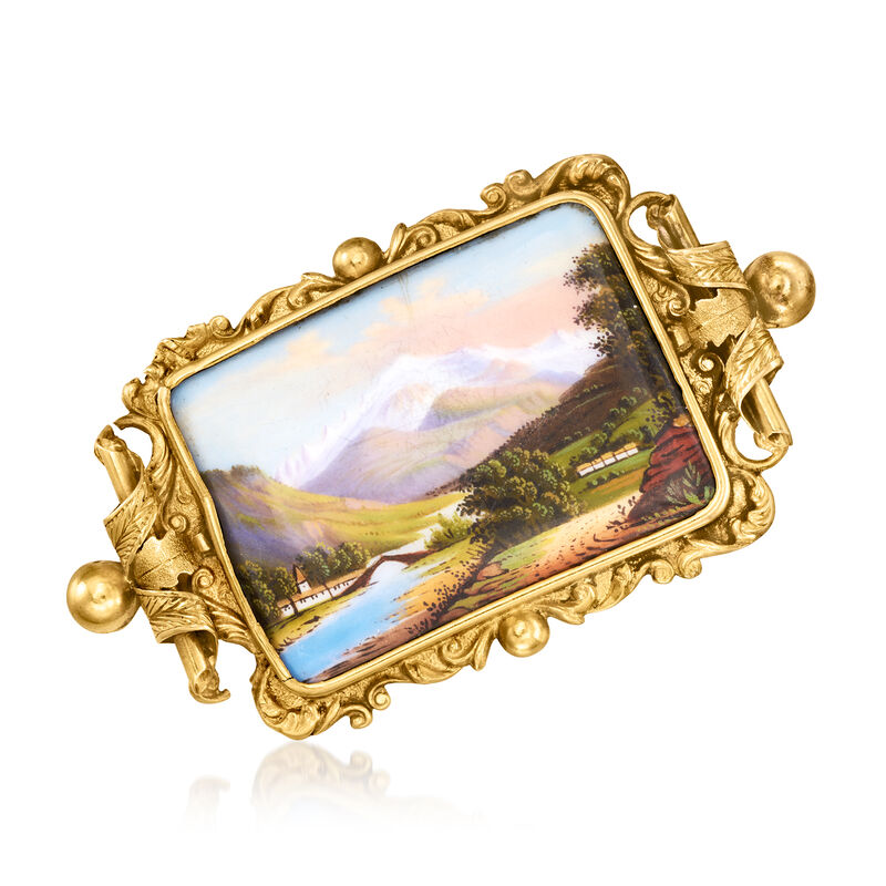 C. 1940 Vintage Painted Landscape Pin in 14kt Yellow Gold image number 0