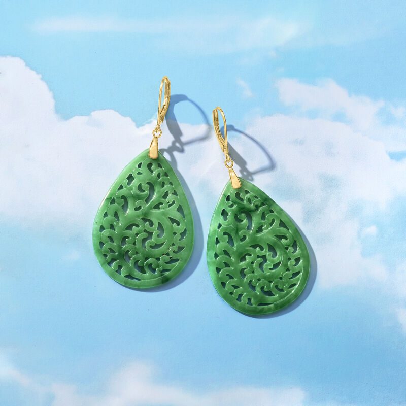 Carved Jade Teardrop Earrings in 18kt Gold Over Sterling  image number 2