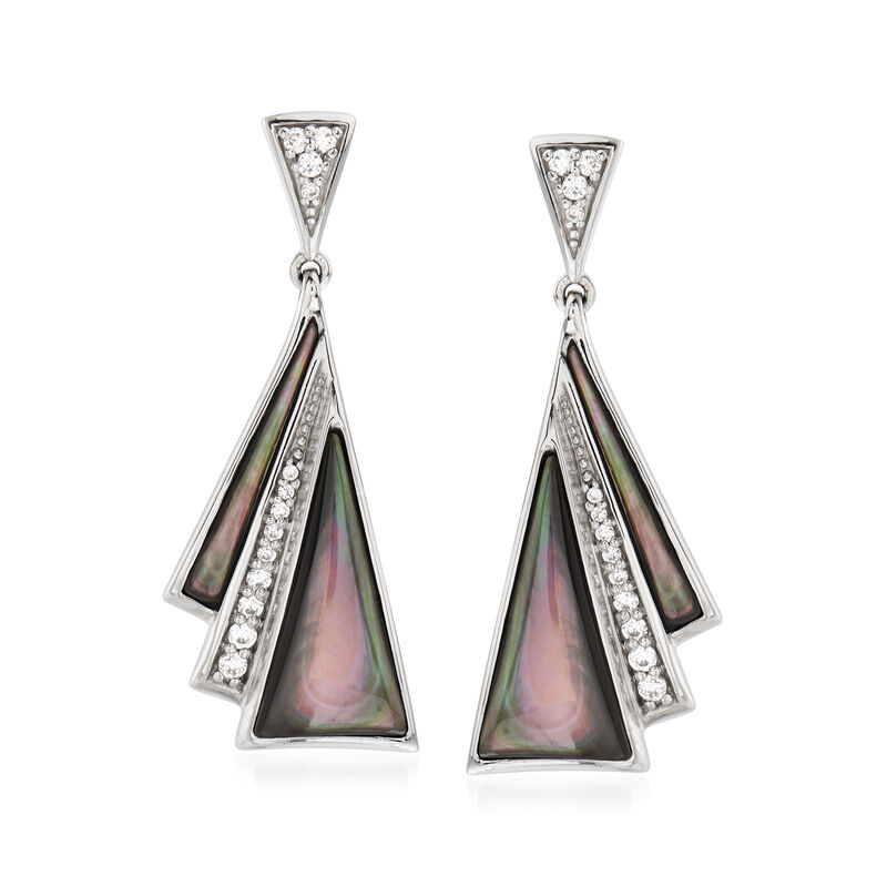 Belle Etoile &quot;Empire&quot; Black Mother-Of-Pearl and .40 ct. t.w. CZ Drop Earrings in Sterling Silver image number 0