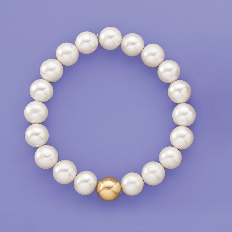 9-9.5mm Cultured Pearl and 14kt Yellow Gold Bead Stretch Bracelet image number 2