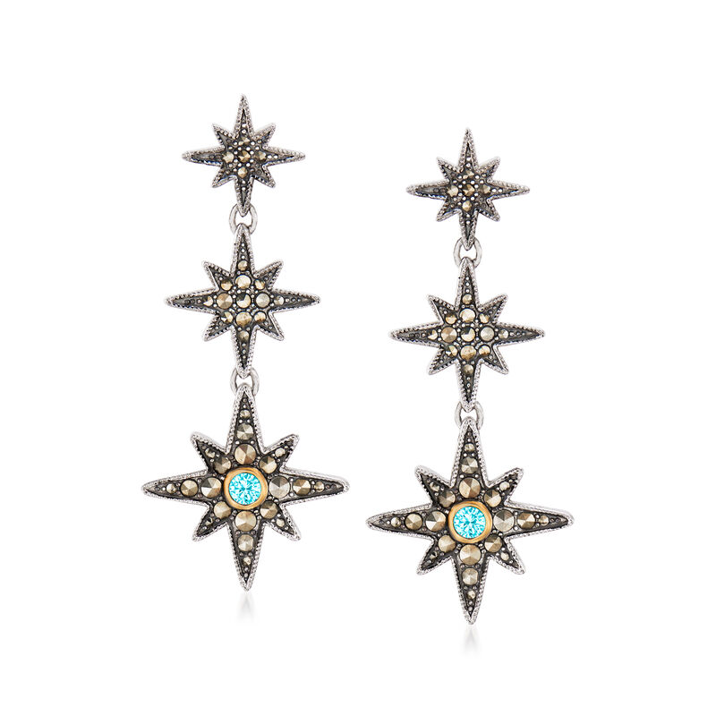 1-1.75mm Marcasite and .30 ct. t.w. Swiss Blue Topaz Star Drop Earrings in Sterling Silver and 14kt Yellow Gold image number 0