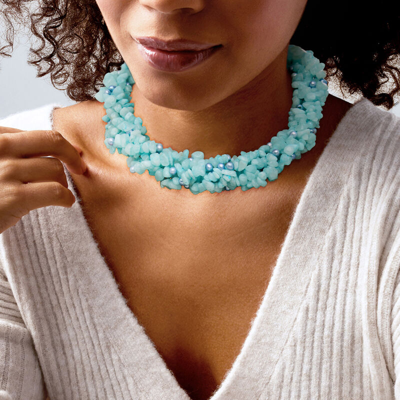 5-6mm Blue Cultured Pearl and 880.00 ct. t.w. Aquamarine Bead Torsade Necklace with Sterling Silver. 18&quot; image number 0