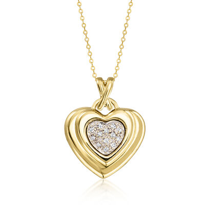 C. 1990 Vintage .13 ct. t.w. Diamond Double Heart Pendant Necklace in 10kt Two-Tone Gold