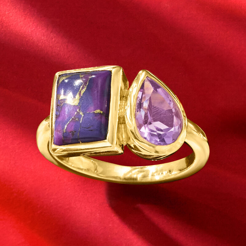 Purple Turquoise and 1.10 Carat Amethyst Toi et Moi Ring in 18kt Gold Over Sterling image number 5