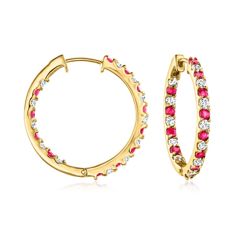 1.80 ct. t.w. Ruby and 1.60 ct. t.w. White Zircon Inside-Outside Hoop Earrings in 18kt Gold Over Sterling. 1 1/8" image number 0
