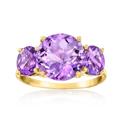C. 1990 Vintage 5.85 ct. t.w. Amethyst Three-Stone Ring in 14kt Yellow Gold