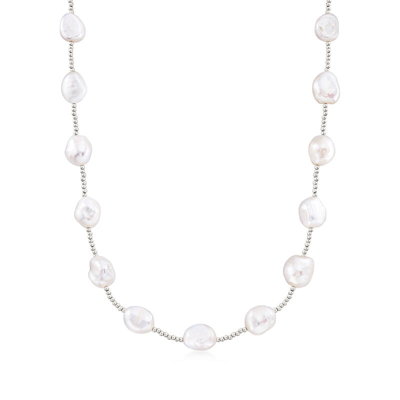 10.5-11.5mm Cultured Baroque Pearl Station Necklace in Sterling Silver image number 0