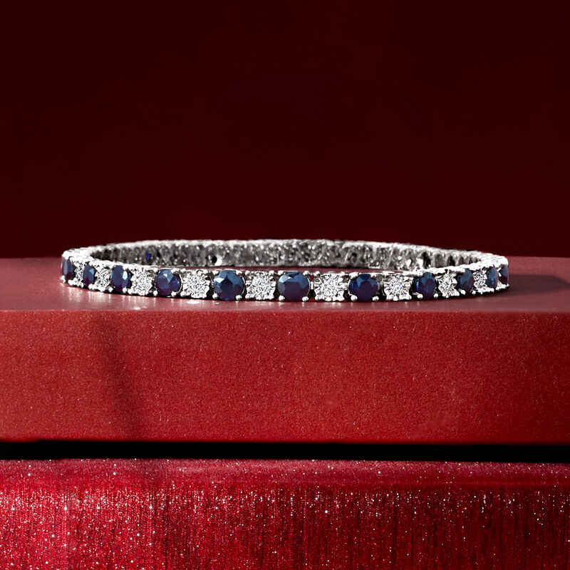 6.25 ct. t.w. Sapphire and 1.00 ct. t.w. Diamond Tennis Bracelet in Sterling Silver image number 2