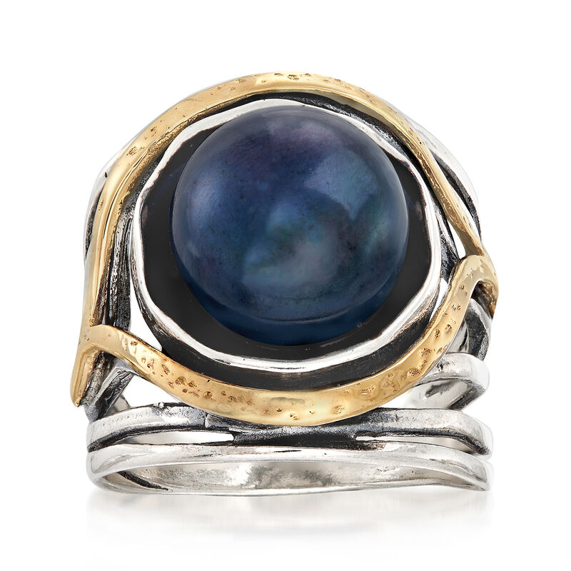 11.5-12mm Black Cultured Pearl Openwork Ring in Sterling Silver and 14kt Yellow Gold image number 0