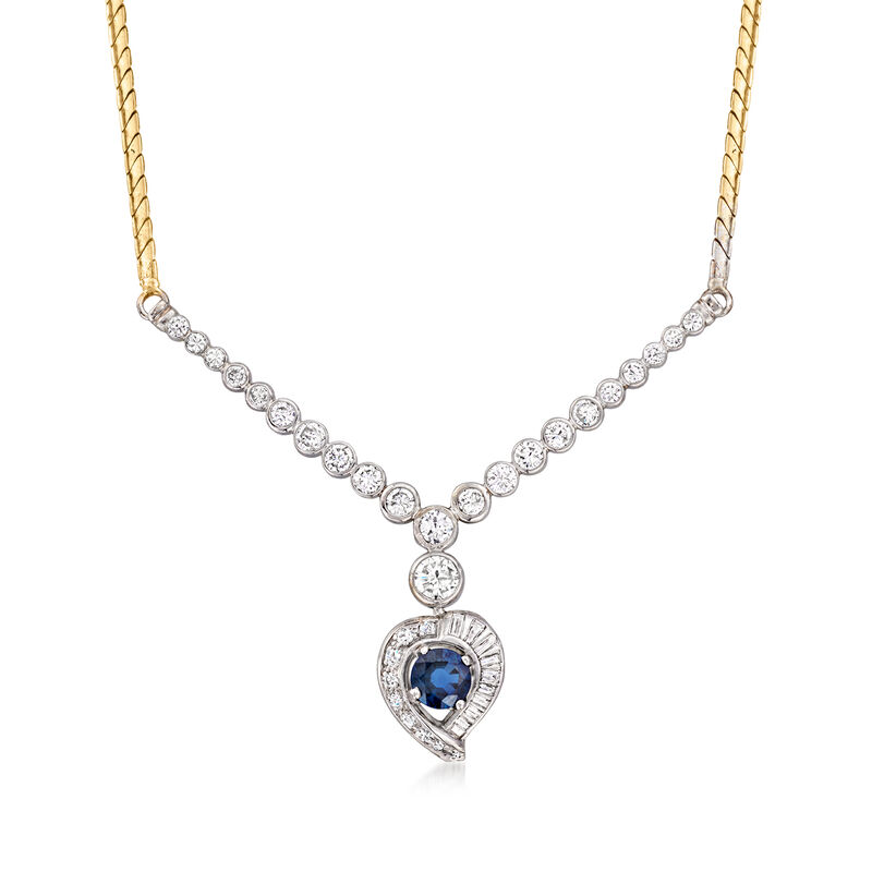 C. 1980 Vintage .95 Carat Sapphire and 1.95 ct. t.w. Diamond V-Shaped Heart Necklace in 14kt Two-Tone Gold image number 0