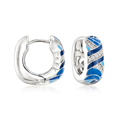 Belle Etoile "Capri" Tonal Blue Enamel and CZ Hoop Earrings in Sterling Silver
