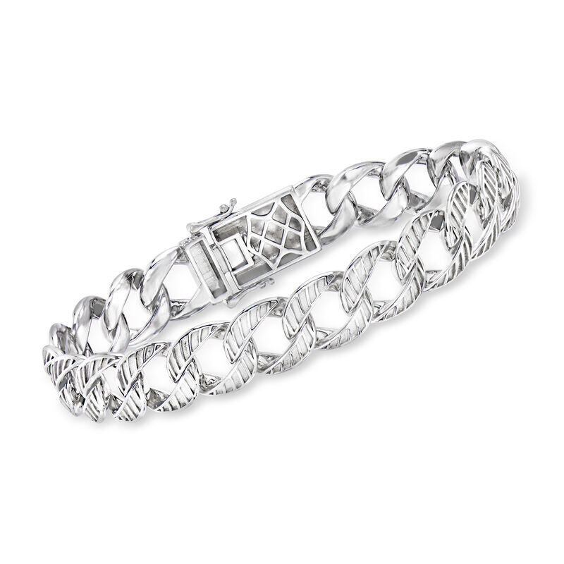 Men's Sterling Silver Etched Cuban-Link Bracelet with Cross Box Clasp image number 0