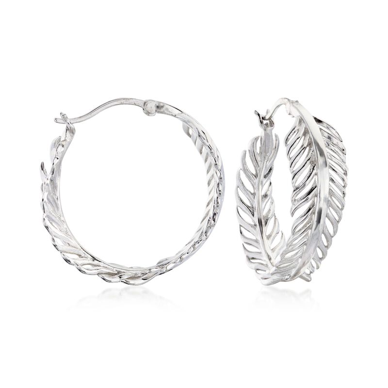 Sterling Silver Feather Hoop Earrings. 1 1/8&quot; image number 0