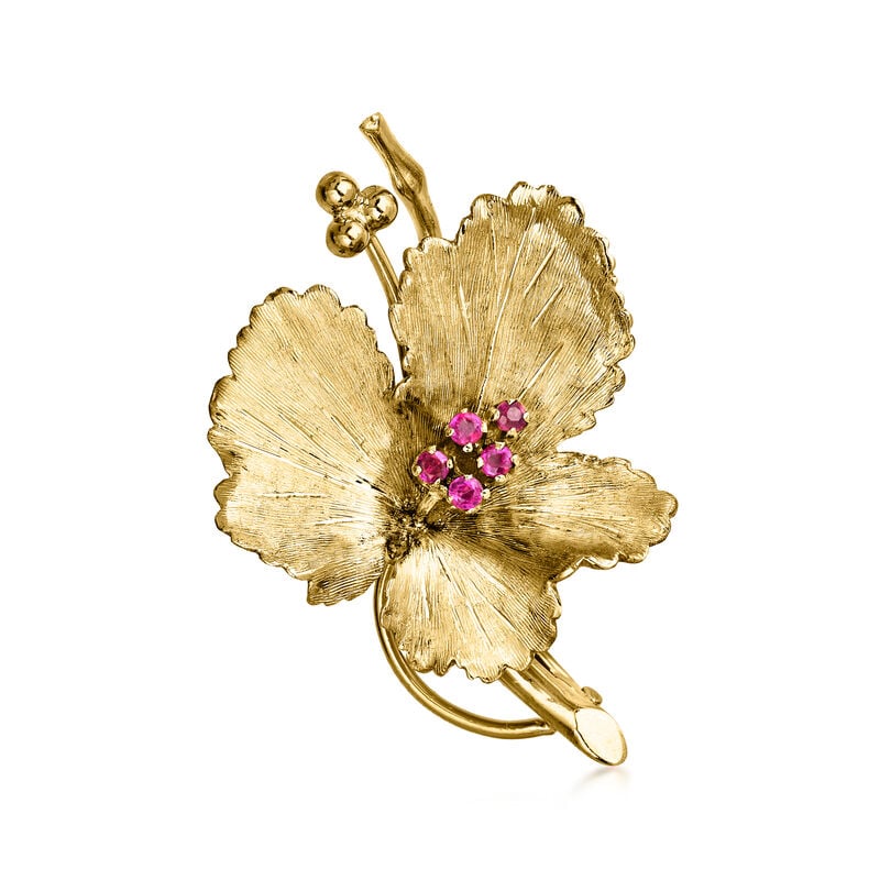 C. 1980 Vintage .25 ct. t.w. Ruby Leaf Pin in 18kt Yellow Gold image number 0