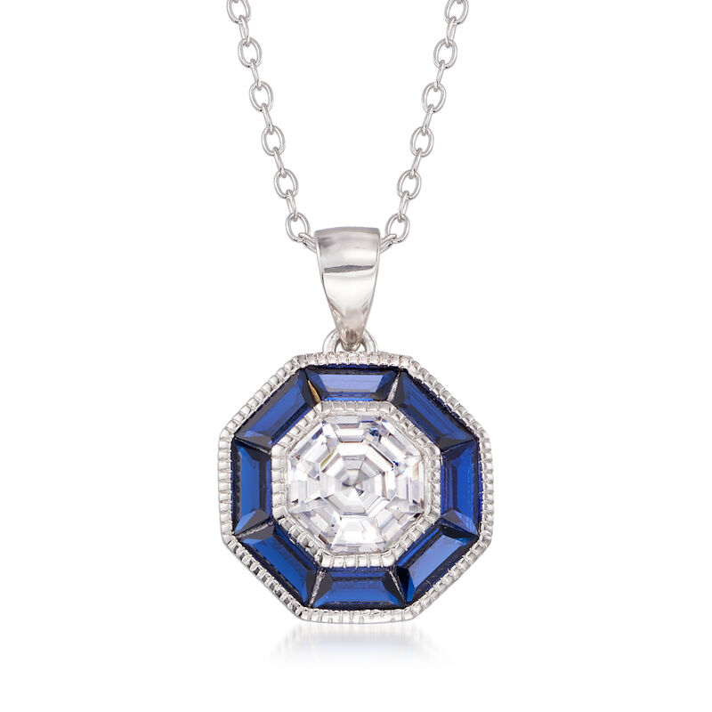 1.50 Carat CZ and 1.20 ct. t.w. Simulated Sapphire Pendant Necklace in Sterling Silver image number 0