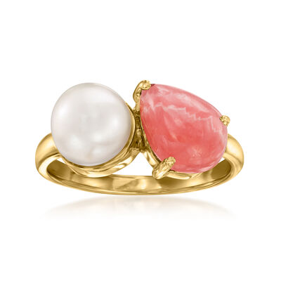 7.5-8mm Cultured Pearl and Pink Rhodochrosite Toi et Moi Ring in 18kt Gold Over Sterling
