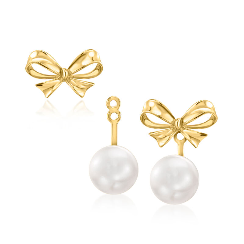 10kt Yellow Gold Bow Earrings with Removable 6-6.5mm Cultured Pearl Drops image number 0