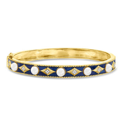 4.5-5mm Cultured Pearl Bangle Bracelet with Diamonds and Blue Enamel in 18kt Gold Over Sterling