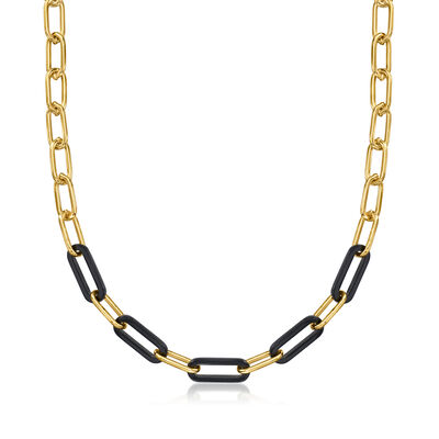 Italian 18kt Yellow Gold-Plated Link Necklace with Simulated Black Gemstones