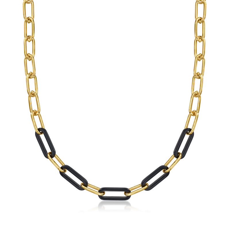 Italian 18kt Yellow Gold-Plated Link Necklace with Simulated Black Gemstones. 18" image number 0