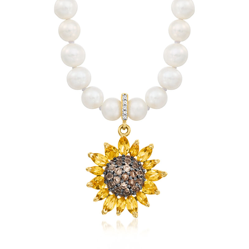 5-5.5mm Cultured Pearl Necklace with Removable 2.53 ct. t.w. Multi-Gemstone Sunflower Pendant in 18kt Gold Over Sterling. 18&quot; image number 0