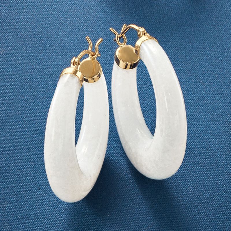 White Kunlun Jade Hoop Earrings in 14kt Yellow Gold. 1 1/8&quot; image number 2